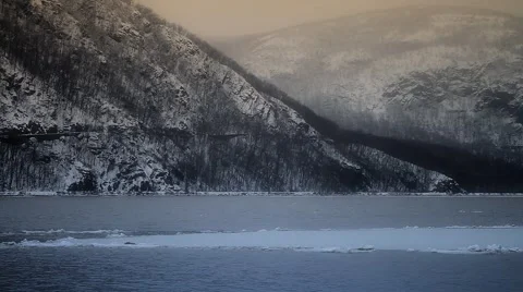 Hudson River Winter Train 03 Stock Footage 1038354