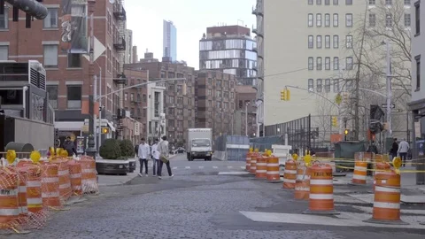 Hudson St orange construction cones cobblestone street truck West Village 4K  Stock Footage 74564068