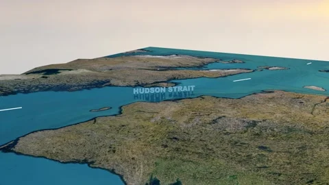 Hudson Strait 3D Terrain Map and Topography Animation, 4K Video Horizontal Stock Footage 338288675