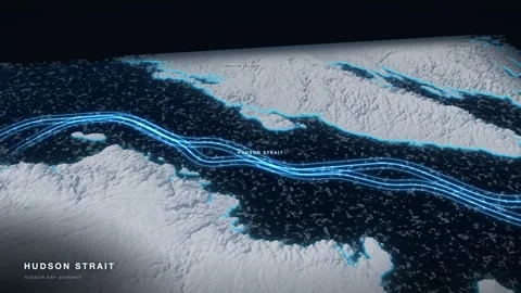 Hudson Strait 3D White Terrain Relief Map With Glowing Route And Pack Ice Stock-Footage 343396104