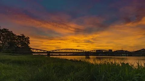 Hue Colorful Sunrise Timelapse at Truong Tien Bridge Stock Footage