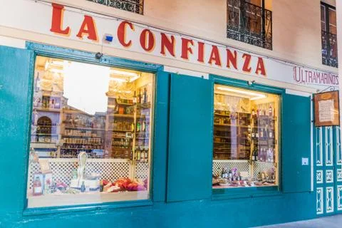 HUESCA, SPAIN - OCTOBER 29, 2017: Ultramarinos La Confianza, oldest grocery s Stock Photos