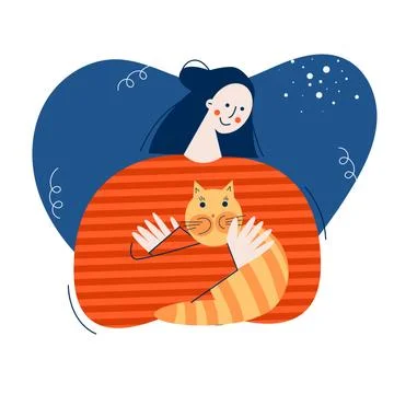 Hug day concept flat vector illustration Happy woman embracing cat Stock Illustration