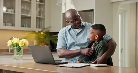 Hug, elearning and laptop with father and black child in home for homework Stock Footage 341586071