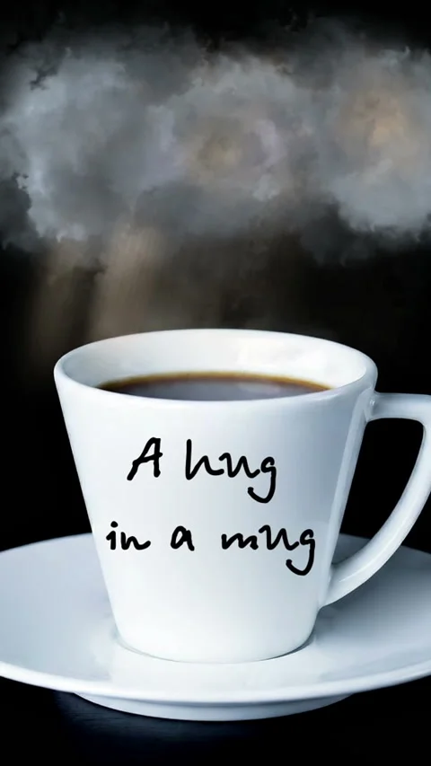 A hug in a mug Coffee Cup With Steam Cloud Sun Rays And Inspirational Greet.. Video stock 337738450