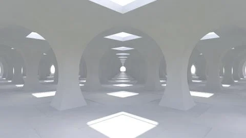 A huge 3d white hall with columns of rhombic shape going into the distance. 3d Stock-Illustration