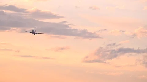 Huge airplane jet take off from airport landing zone at beautiful sunset clouds Stock Footage 241916678