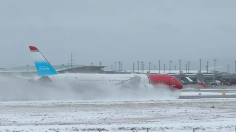 Huge airplane thrust reversal strong braking snow humid weather conditions Stock Footage 99059293