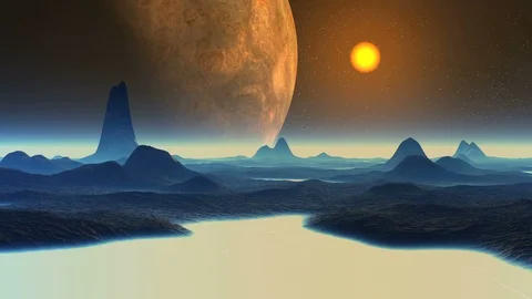 Huge Alien Planet and Sunset Stock Footage 95738467