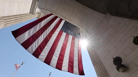 Huge American Flag in front of Union Station in Washington DC Stock Footage 156744556
