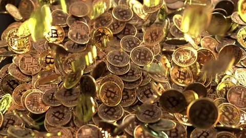 Huge amount of bitcoins falling down Stock Footage 241636855