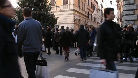 Huge anonymous crowd on Rome downtown street in Italy Stock Footage