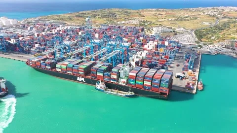 Huge APL cargo ship for transporting containers in port at unloading Video stock 228746542