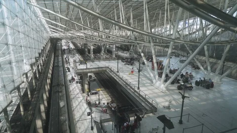 Huge architecturally designed train station terminal wide shot Stock Footage 119819946