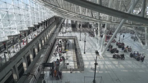 Huge architecturally designed train station terminal wide shot v2 Stock Footage 119820023