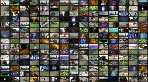 Huge Array of TVs / Televisions Wall displaying footage - Loop 30fps Video stock 44134274