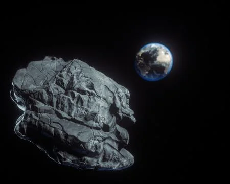 Huge asteroid is approaching to the Earth orbit. Meteorite from outer space. 3d Stock Illustration