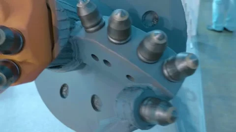 Huge auger for drilling wells with powerful teeth is presented at the exhibition Stock Footage 333417840