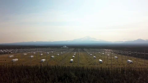 Huge Aurora Research Array in wilderness of Alaska, Panning shot Stock Footage 115365284