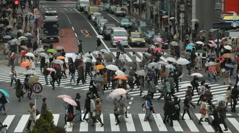 Huge Big Large Crowd Crossing People Walk Crowded City Street Tokyo Rain Monsoon Stock Footage 12426049