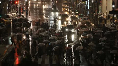 Huge Big Large Crowd People Walking Crowded City Street Night Tokyo Rain Evening Stock Footage 12394431