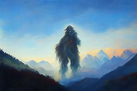 Huge bigfoot in the mountains. Abstract painting. Imitation of oil painting Stock Illustration