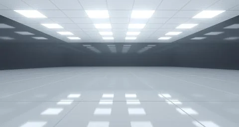 Huge Black And White Empty Room With Square Lights On Ceiling And Reflective  Ilustración de archivo