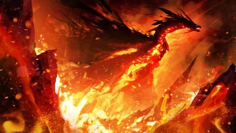 Huge black enraged dragon pulls out of a bubbling lava volcano tearing rocks. Иллюстрация