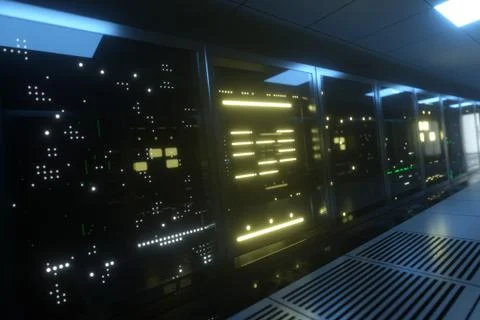 Huge blocks of server data in the room. Server room with working flickering p Stock Illustration