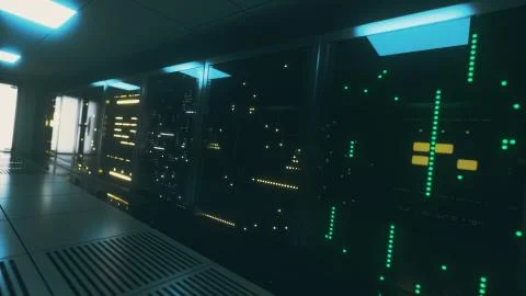 Huge blocks of server data in the room. Server room with working flickering p Stock Illustration