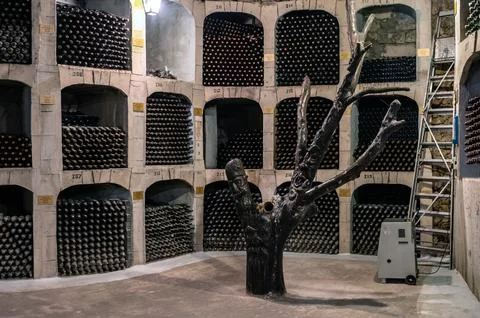 Huge bottle collection stored inside underground wine cellars tunnel Stock Photos
