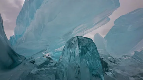Huge broken blue ice hummocks on frozen surface of Baikal lake Stock-Footage 179384532