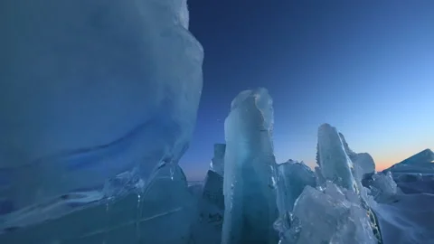 Huge broken blue ice hummocks on frozen surface of Baikal lake Stock Footage 179757224
