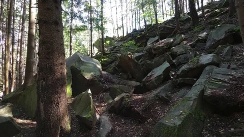 Huge Broken Boulders along Dovbush Trail in Ukraine Stock Footage