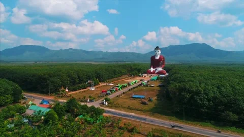 Huge Buddha Massive Buddha Statue Asia Countryside Orbit Drone Stock Footage 307121353