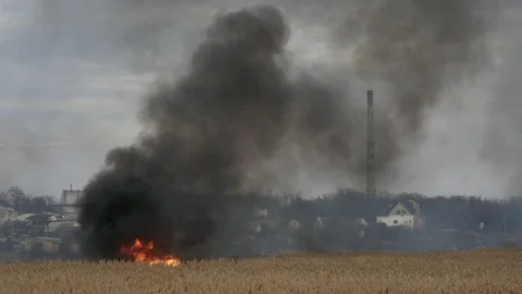 Huge bush fire and a large cloud of dark smoke rising in the air. 4k footage Vidéo 105181754