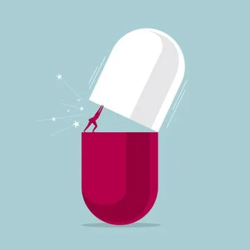 A huge capsule pill was opened by a businessman. Stock Illustration