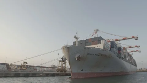 Huge Cargo Ship in Docking Bay Stock Footage 123390001