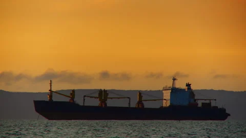 A huge cargo ship stands on a roadstead at sea in the yellow rays of the evening Stock Footage 92205438