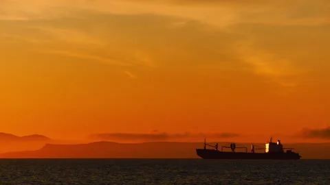 A huge cargo ship stands on a roadstead at sea in the yellow rays of the evening Stock Footage 92206395
