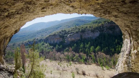 Huge cave that opens on a mountain surrounded by forest, in France Stock Footage 240433233