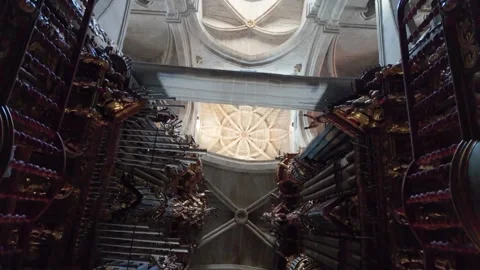 Huge ceilings of the medieval cathedral of Tui and antique organ Stock Footage 286243538