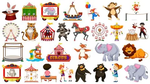 Huge circus collection with mixed animals, people, clowns and rides Illustrazione stock