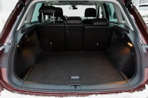 Huge, clean and empty car trunk in interior of compact suv. Rear view of a SU Stock-Fotos