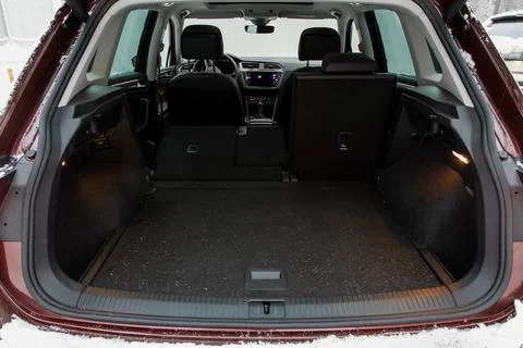 Huge, clean and empty car trunk in interior of compact suv. Rear view of a SU Stock Photos
