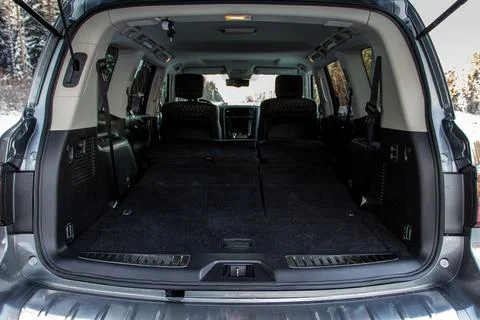 Huge, clean and empty car trunk in interior of compact suv. Rear view of a SU Stock Photos