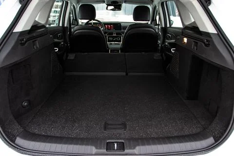 Huge, clean and empty car trunk in interior of compact suv. Rear view of a SU Stock Photos