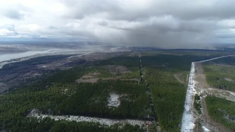 A Huge Cloud Pours Rain On The Coniferous Forest. Russian Village near the Fores Stock Footage 151386955