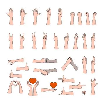 Huge collection of human hand gestures in outline flat line art style Stock Illustration