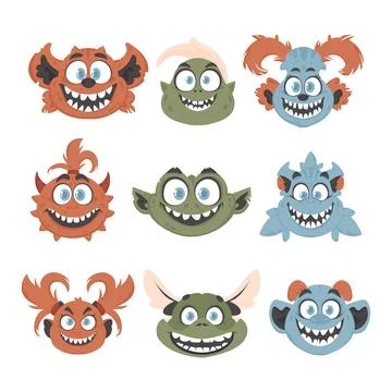 Huge collection of silly and amusing monster expressions . Cartoon style. Stock Illustration